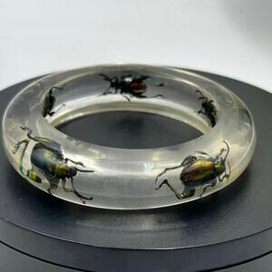 Vintage 1960s Clear Lucite Green Iridescent Beetle Weevil Bangle Bracelet